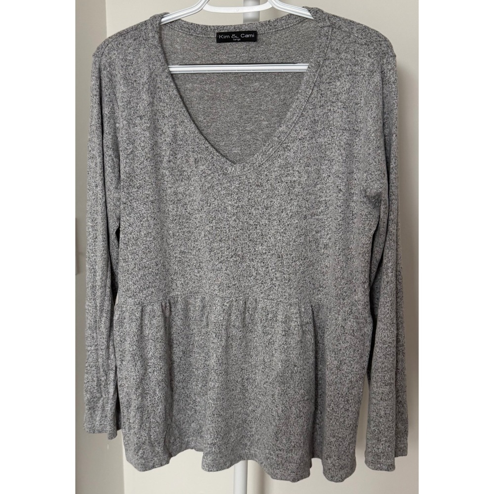 Kim & Cami Peplum Top Women Large Gray V-Neck Long Sleeve Heathered Babydoll